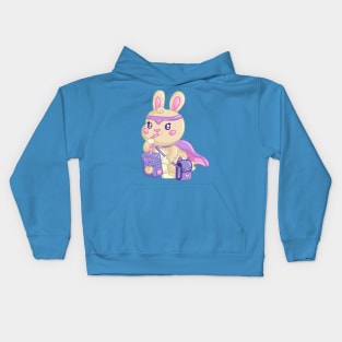 Kawaii superhero bunny drinks juice Kids Hoodie